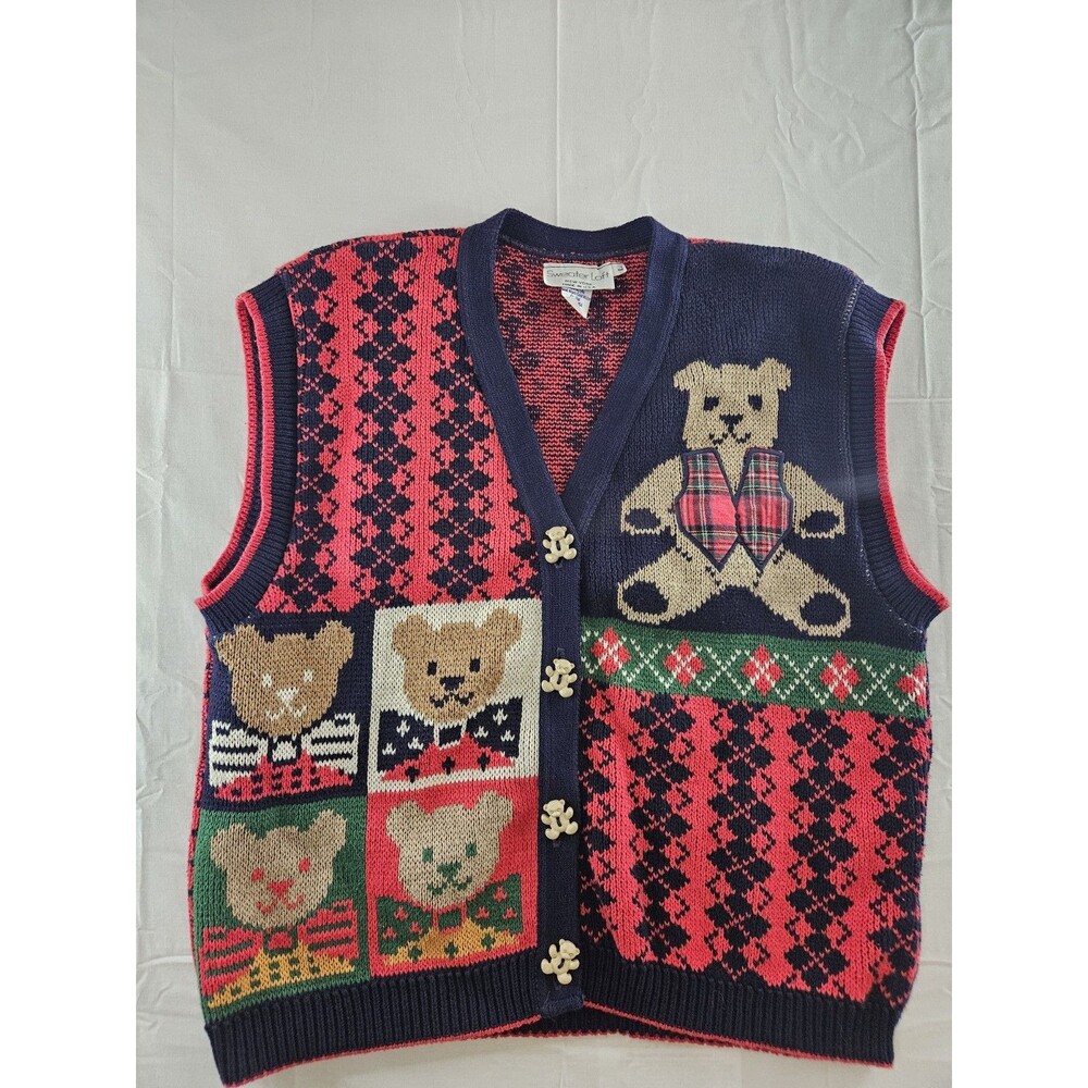 Sweater Loft Cardigan Vest Women's Sz Large Red 1980s Bears Christmas USA Vtg L
